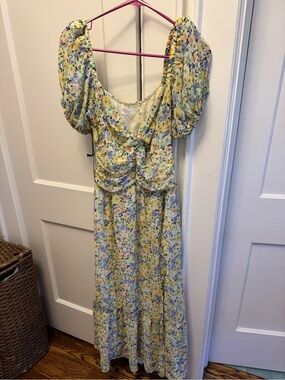 ASTR Yellow Floral Puff-Sleeve Maxi Dress with Blue & Green Accents